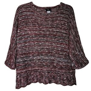 Lark LANE - Red, Black and Silver Crocheted 3/4-Length Sleeve Sweater - Size XL